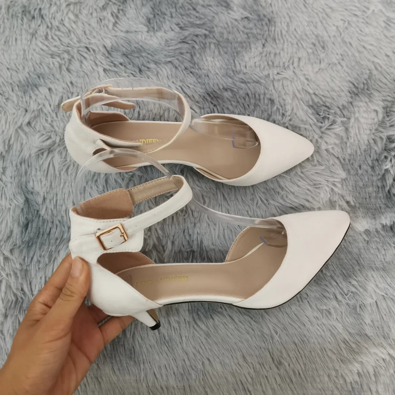 Women's suede ankle strap sandals with 5cm heel, perfect for weddings, by MAIRA'S COLLECTIONS, shown in the image.