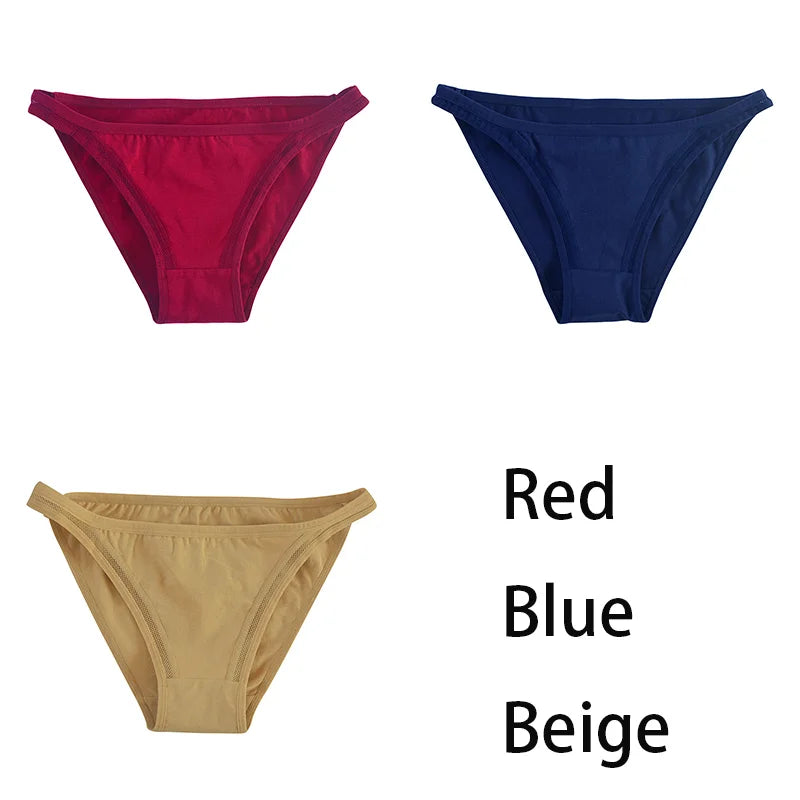 Set of three women's cotton panties by MAIRA'S COLLECTIONS, solid color bikini underpants with mesh details.