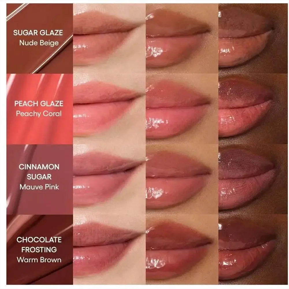 MAIRA'S COLLECTIONS Donut Lip Oil with strawberry, raspberry, and chocolate scents, featuring a colorful donut-shaped applicator.