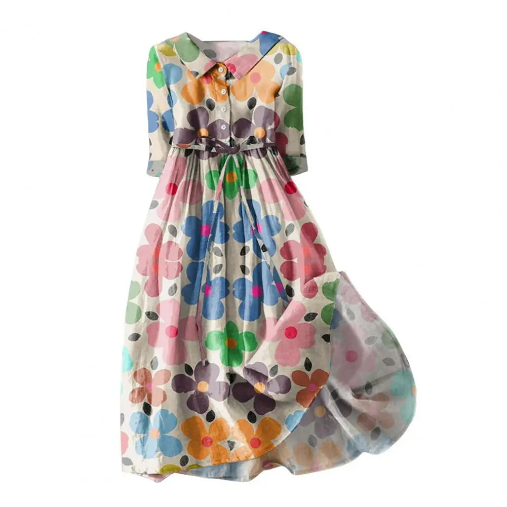 Bohemian floral A-line midi dress by MAIRA'S COLLECTIONS with a flowing silhouette and vibrant floral print.