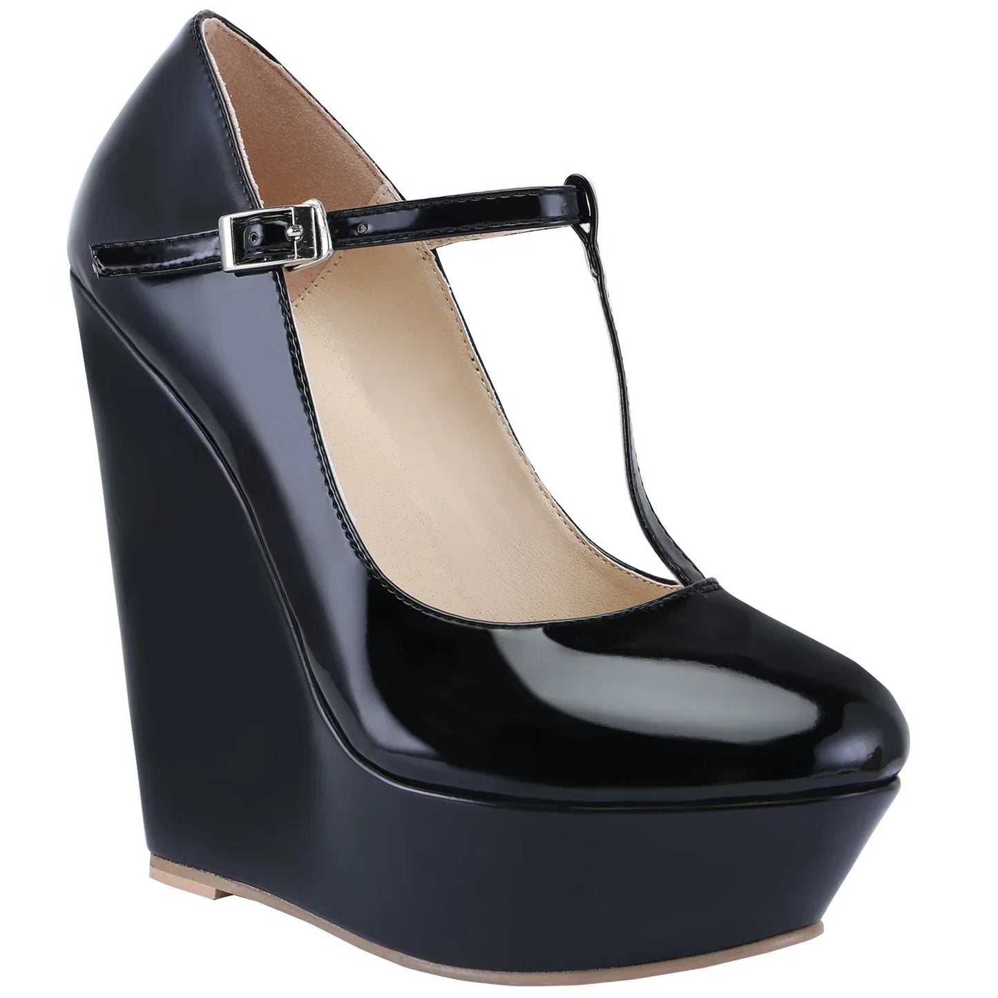 Women's platform wedge pumps by MAIRA'S COLLECTIONS featuring 14cm high heels and a T-strap design, perfect for parties.