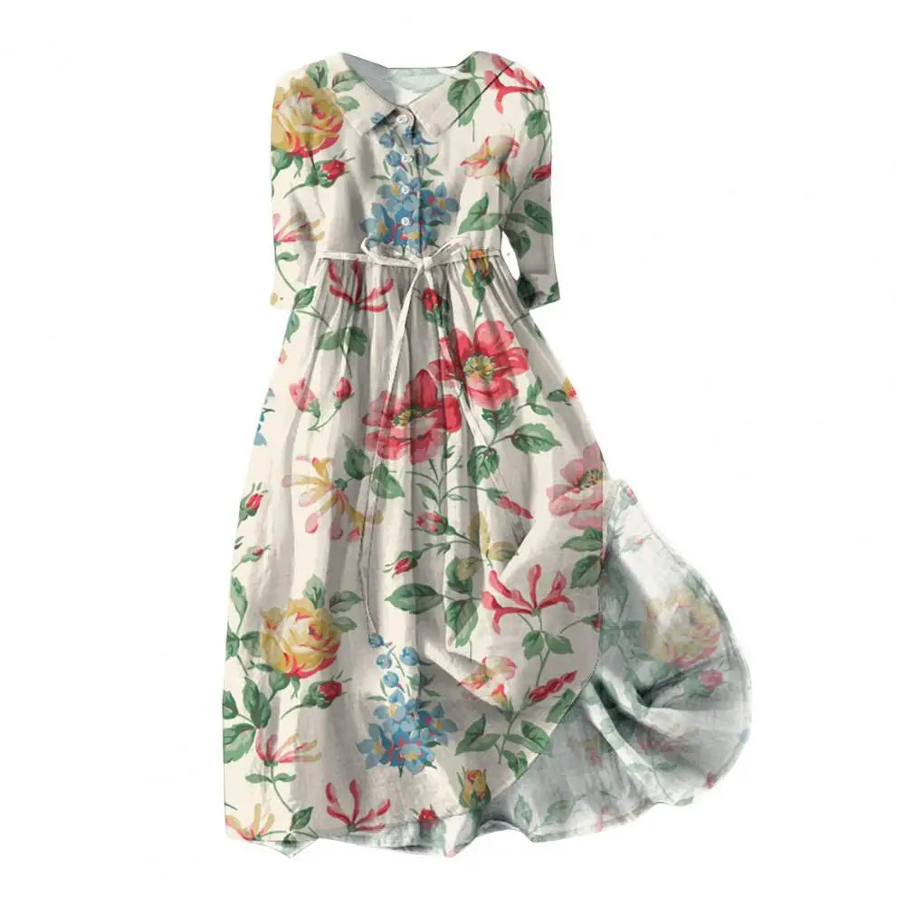 Bohemian floral A-line midi dress by MAIRA'S COLLECTIONS featuring vibrant flower patterns and a flowing silhouette.