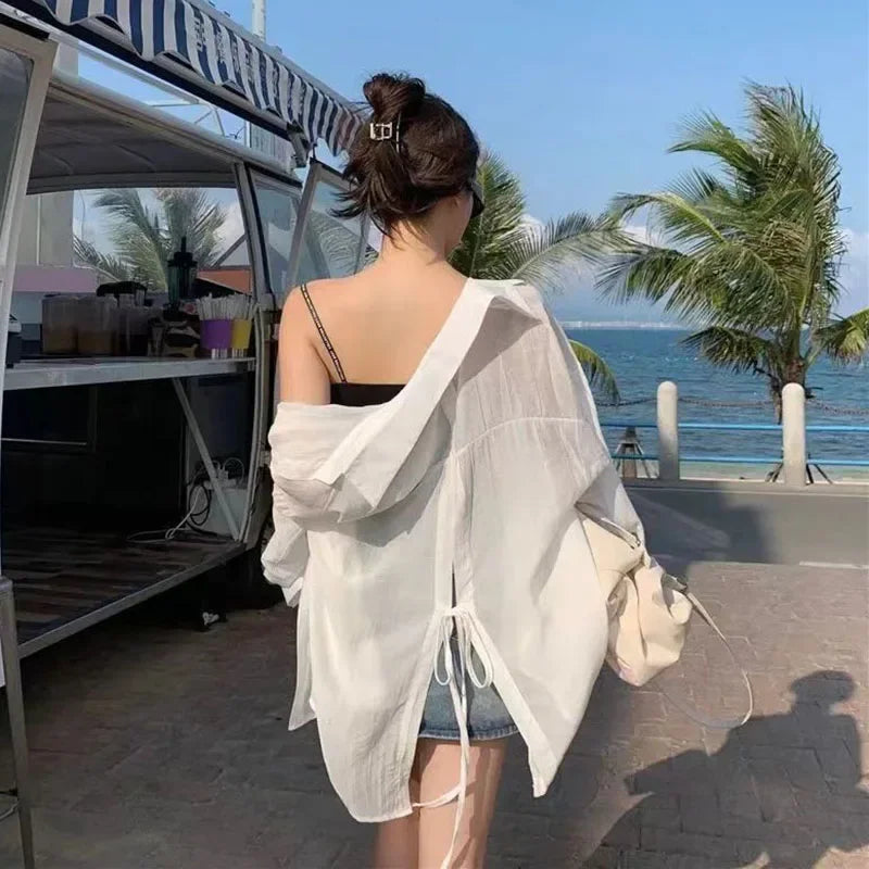 Women's lace-up beach blouse by MAIRA'S COLLECTIONS featuring lightweight fabric and casual, stylish design for summer wear.