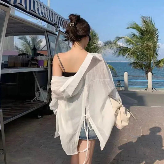 Women's lace-up beach blouse by MAIRA'S COLLECTIONS featuring lightweight fabric and casual, stylish design for summer wear.