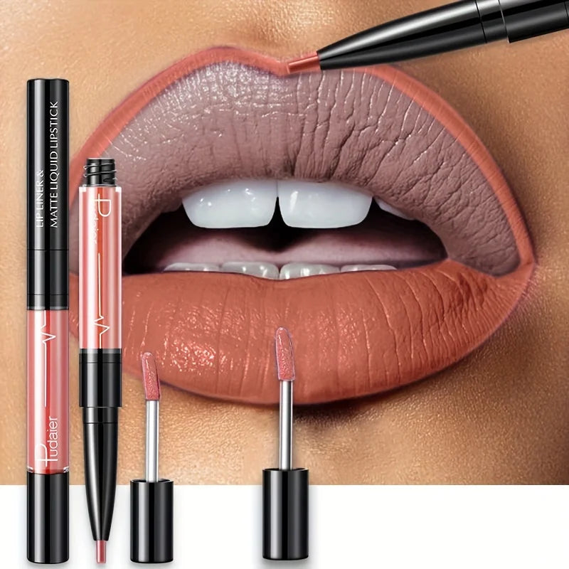 Double-ended lipstick and lip liner from MAIRA'S COLLECTIONS, featuring a sleek black tube and color swatches.