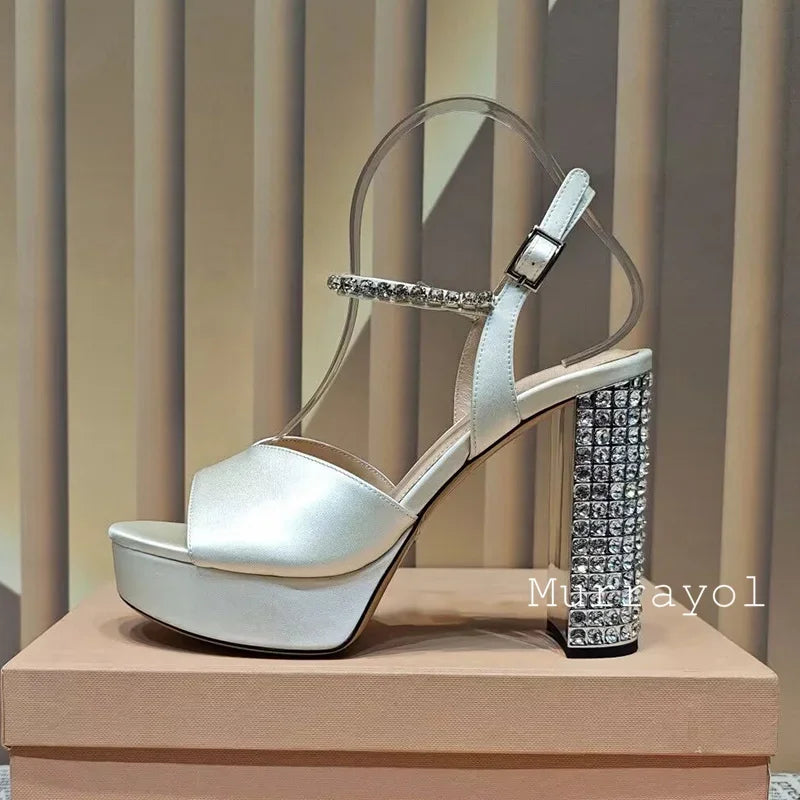 Women's satin platform high heel sandals with rhinestone embellishments, perfect for parties by MAIRA'S COLLECTIONS.