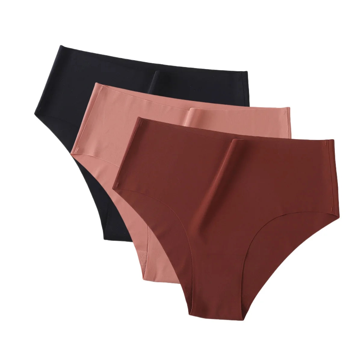 Set of three MAIRA'S COLLECTIONS ice silk high waist seamless panties for women, shown in soft, smooth fabric.