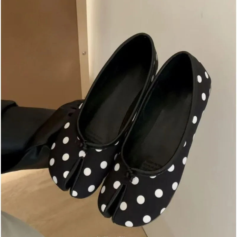 Women's polka dot Tabi flats by MAIRA'S COLLECTIONS, split toe ballerina shoes with a stylish polka dot pattern and comfortable design.