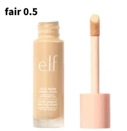ELF Halo Glow Liquid Filter Primer by MAIRA'S COLLECTIONS showing a sleek, clear bottle with a luminous liquid inside.