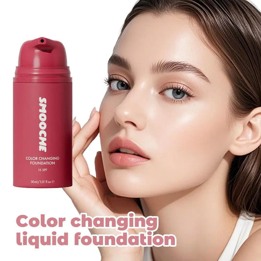 Natural color-changing foundation by MAIRA'S COLLECTIONS showing a sleek bottle and a smooth, flawless makeup application.