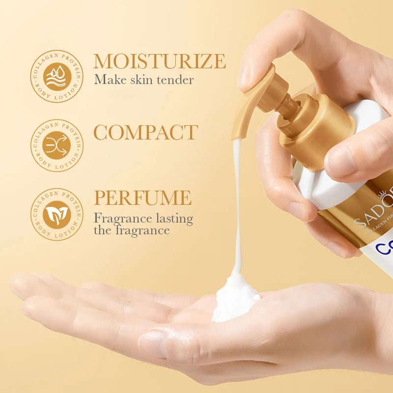 MAIRA'S COLLECTIONS anti-aging collagen body lotion with firming and deep hydration, shown in a sleek white bottle with a pump dispenser.