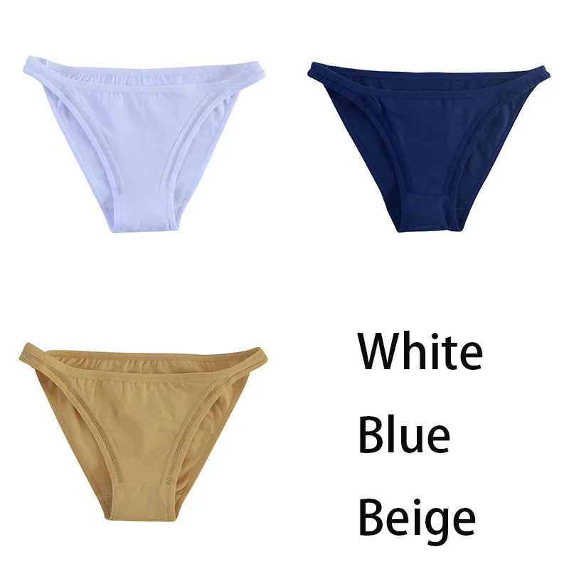 Set of three women's cotton panties by MAIRA'S COLLECTIONS, solid color bikini-style underwear with breathable mesh fabric.
