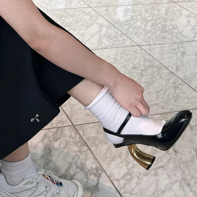 Women's MAIRA'S COLLECTIONS cross strap high heel sandals with irregular heel design, showcasing stylish footwear for women.