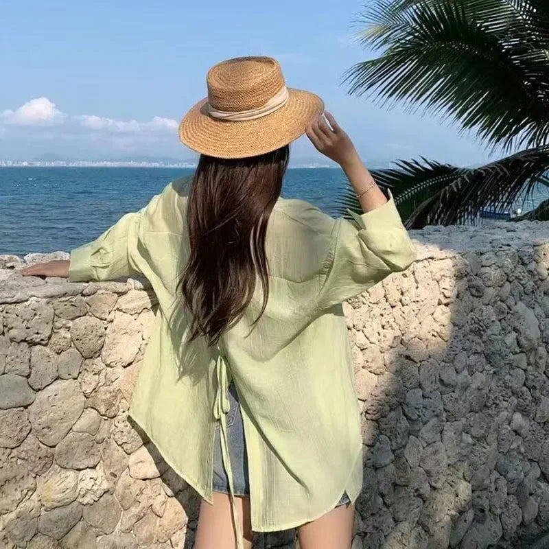 Women's lace-up beach blouse by MAIRA'S COLLECTIONS featuring lightweight fabric and stylish design, perfect for summer wear.