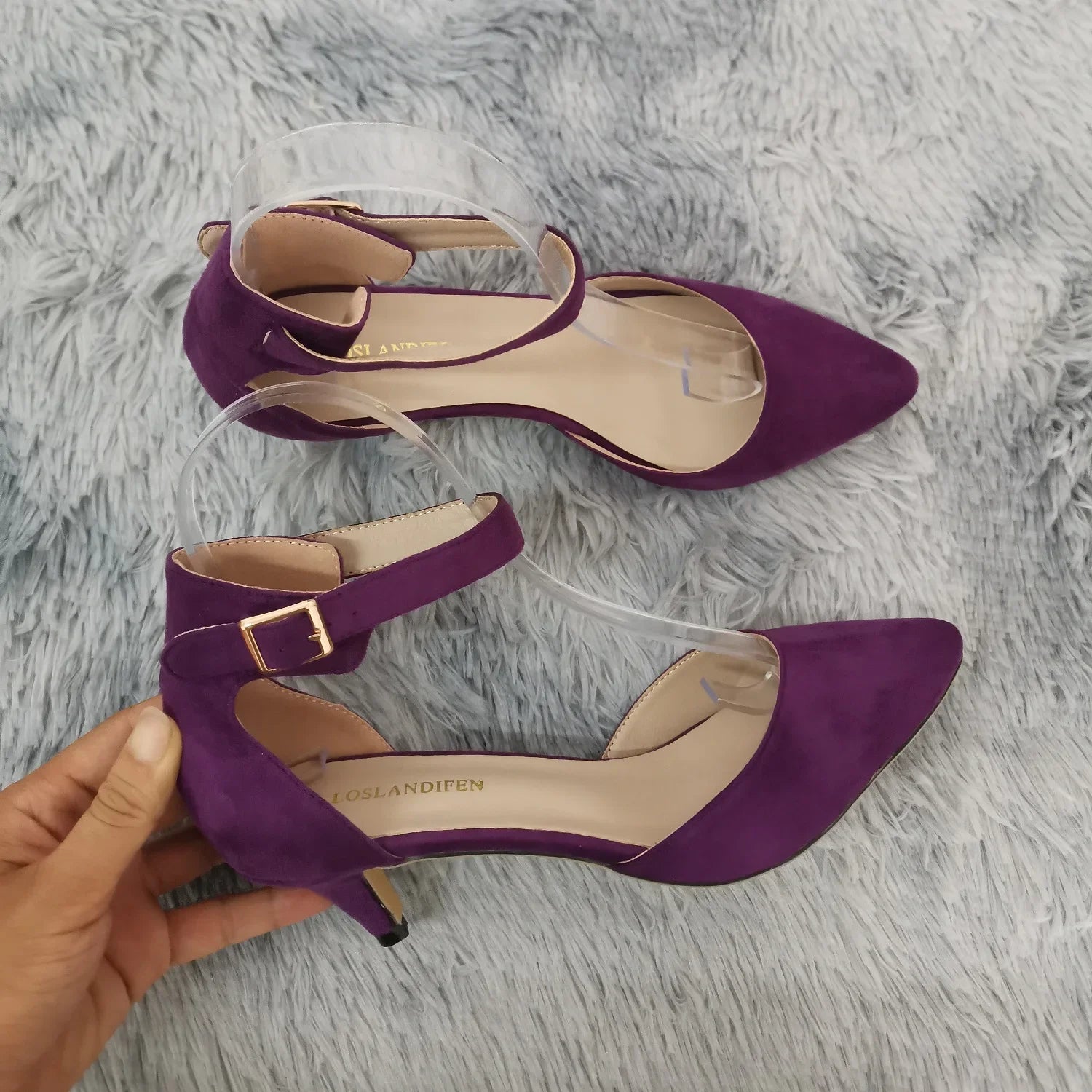 Women's suede ankle strap sandals with 5cm heel, ideal wedding shoes from MAIRA'S COLLECTIONS, shown in a stylish design.