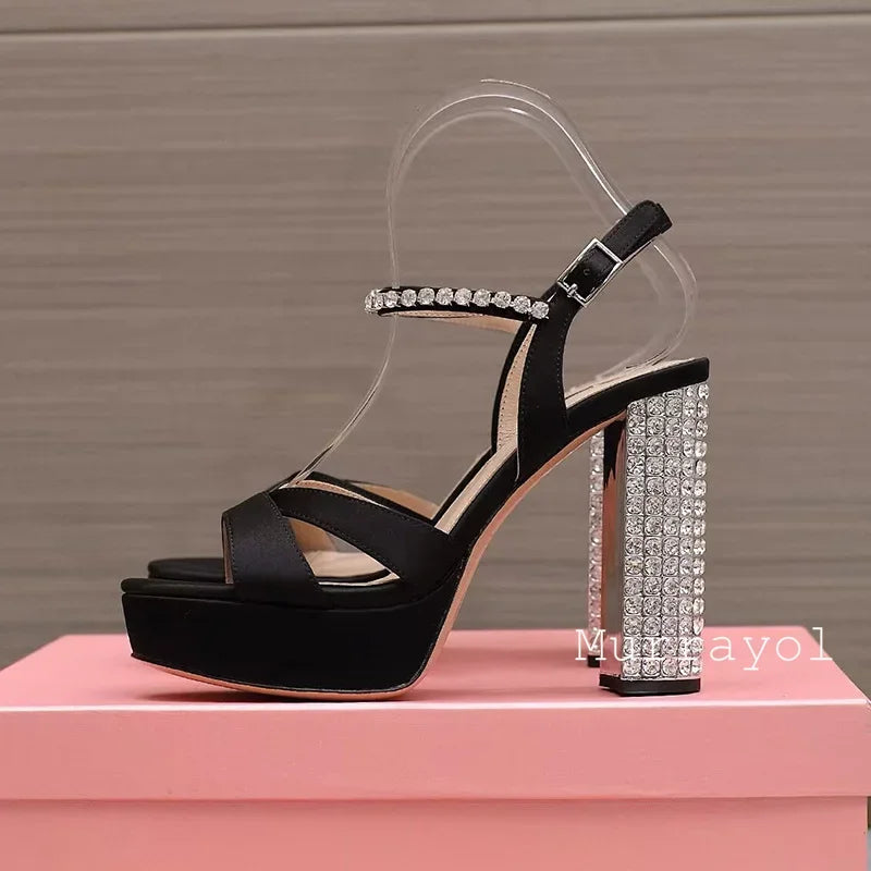 Women's satin platform high heel sandals with rhinestone embellishments, perfect for parties, by MAIRA'S COLLECTIONS.