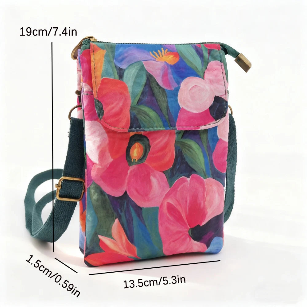 Women's printed crossbody phone bag by MAIRA'S COLLECTIONS featuring a colorful floral design and adjustable strap.