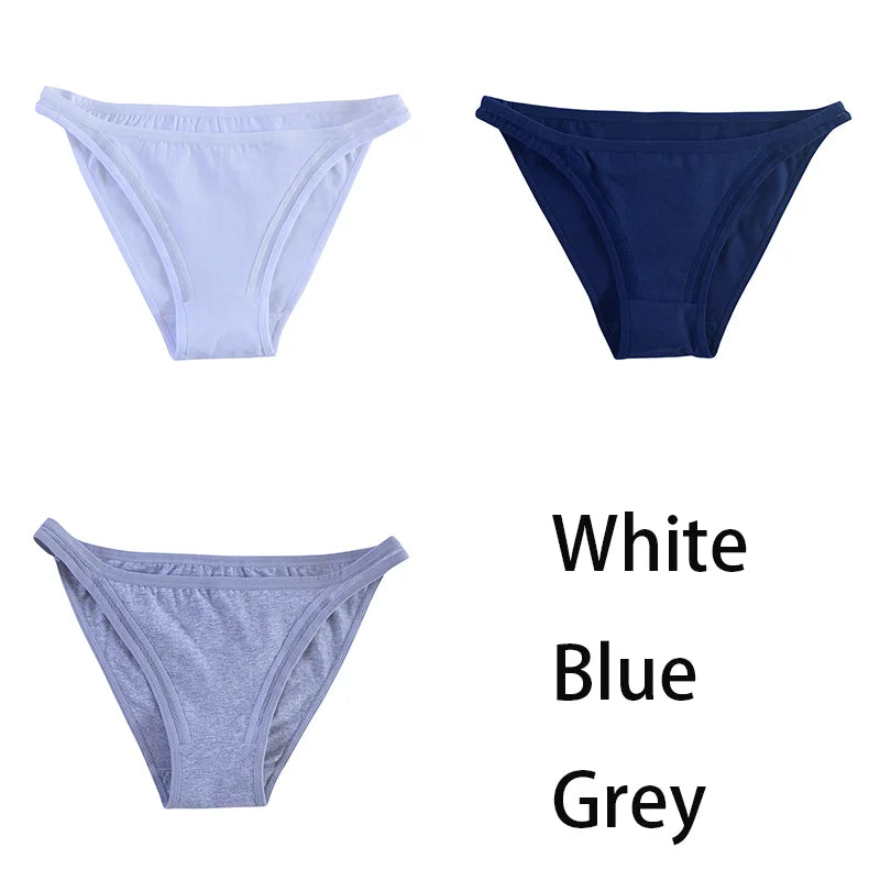 Three pairs of women's cotton panties from MAIRA'S COLLECTIONS, solid color bikini style with breathable mesh fabric.