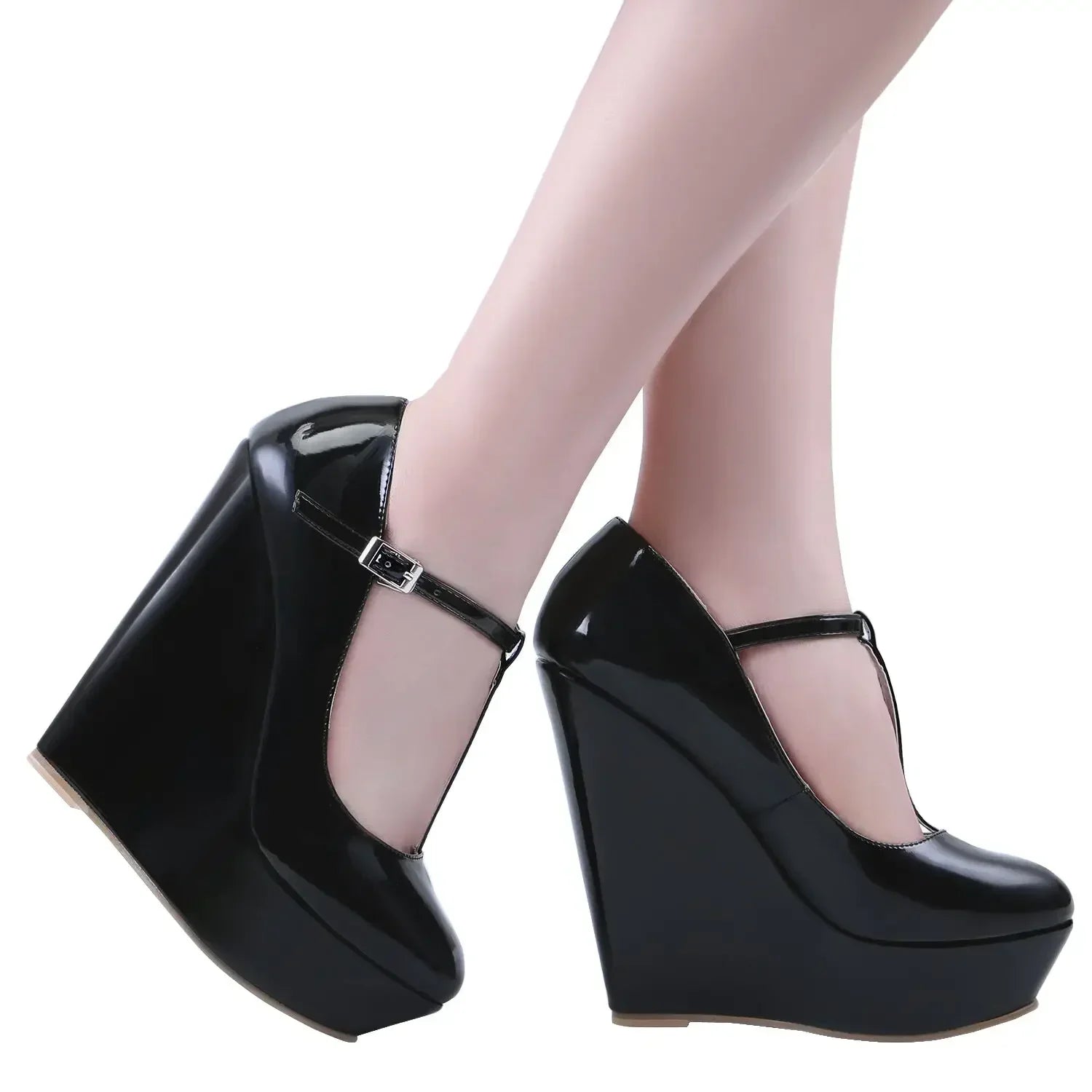 Women's platform wedge pumps by MAIRA'S COLLECTIONS featuring 14cm high heels and a stylish T-strap design.