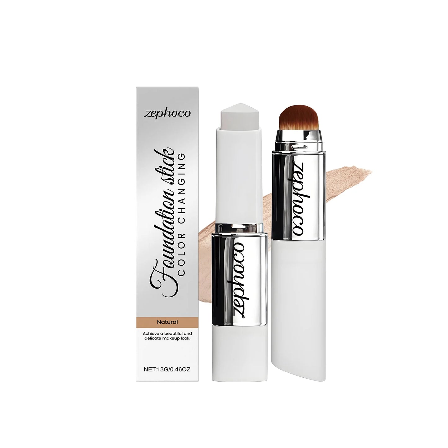 Color changing concealer and foundation stick by MAIRA'S COLLECTIONS, 13g, showing the sleek black applicator with product exposed