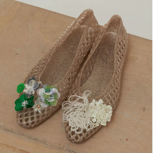 Women's Crystal Jelly Flats from MAIRA'S COLLECTIONS featuring pointed toe summer sandals with transparent jelly material and decorative crystals.
