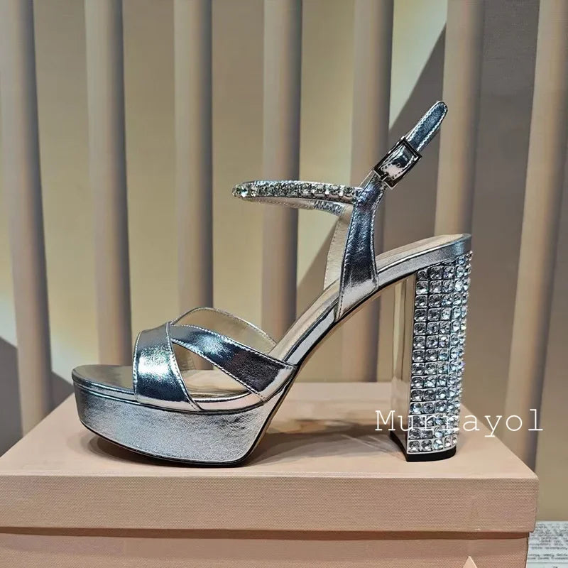 Women's satin platform high heel sandals with rhinestone embellishments, perfect for party occasions by MAIRA'S COLLECTIONS.
