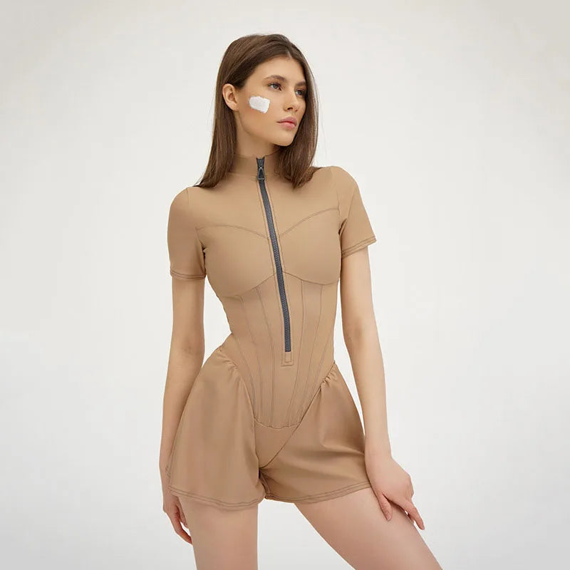 Women's zip-up slim fit jumpsuit by MAIRA'S COLLECTIONS, showcasing the fitted design and front zipper detail.
