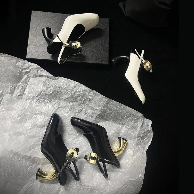 Women's cross strap high heel sandals with irregular heel design by MAIRA'S COLLECTIONS, showcasing stylish footwear with a unique heel.