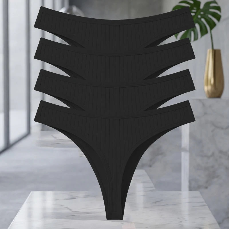 Set of four MAIRA'S COLLECTIONS cotton ribbed thong underwear for women in seamless solid colors, with comfortable fit and breathable fabric.