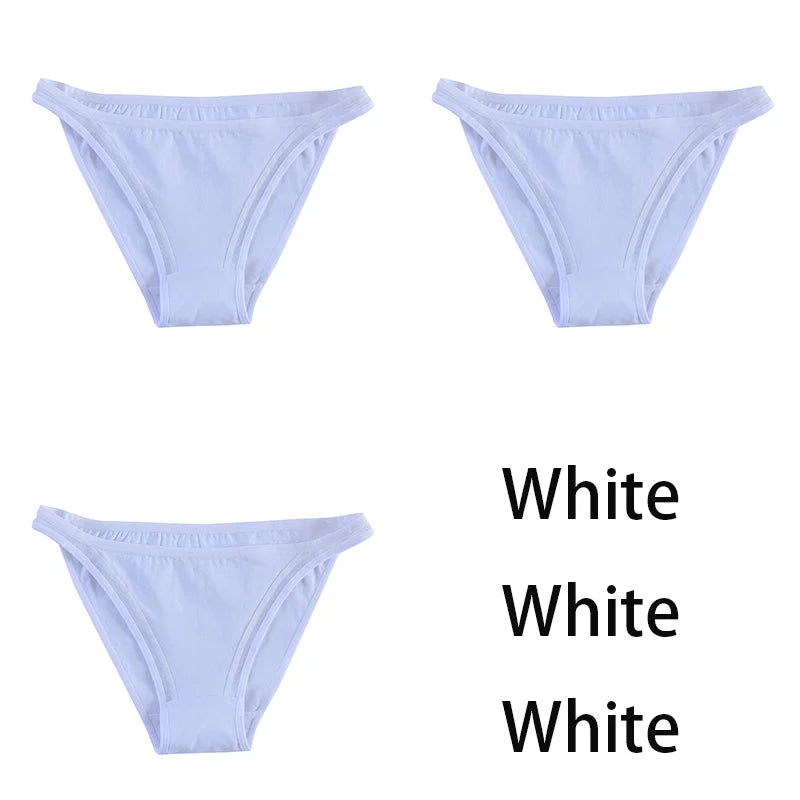 Three pairs of MAIRA'S COLLECTIONS women's cotton panties with mesh panels in solid colors, bikini style, on a white background.