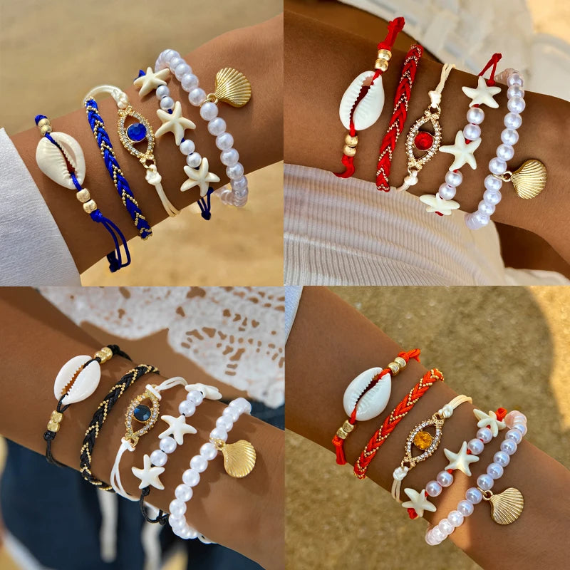 Bohemian pearl bracelet set with five stylish bracelets by MAIRA'S COLLECTIONS featuring white pearls and intricate designs.