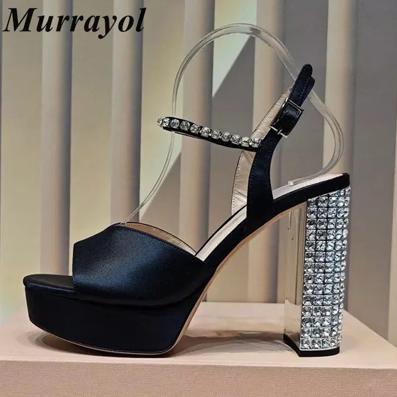 Women's satin platform high heel sandals with rhinestone embellishments from MAIRA'S COLLECTIONS, perfect for parties and special occasions.