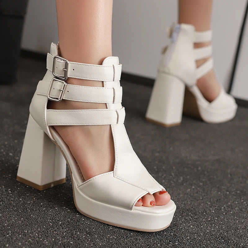 Women's platform block heel sandals by MAIRA'S COLLECTIONS featuring tan straps and chunky heel for a stylish, comfortable look.