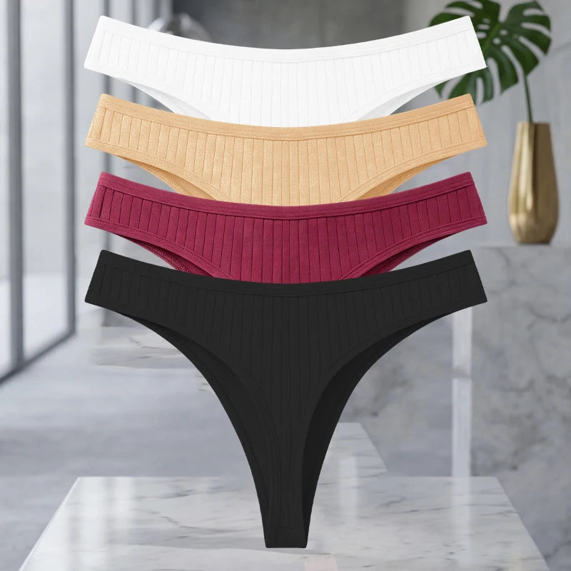 Set of four MAIRA'S COLLECTIONS cotton ribbed seamless thong underwear for women in solid colors, showing the comfortable fit and fabric.