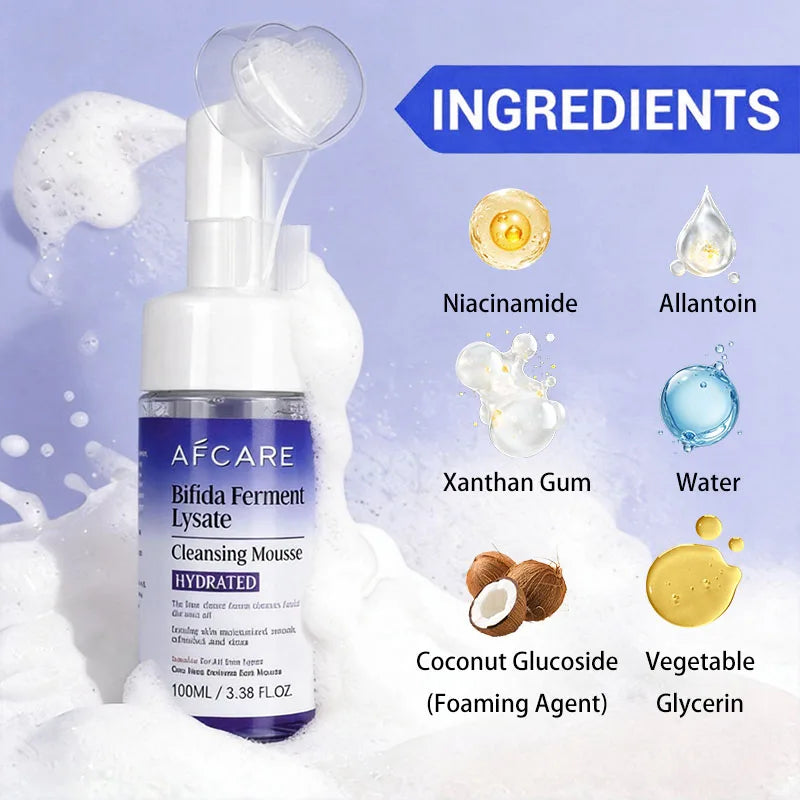MAIRA'S COLLECTIONS AFCARE Gentle Cleansing Mousse with Bifida Ferment Foam Cleanser, creamy white foam in a pump bottle
