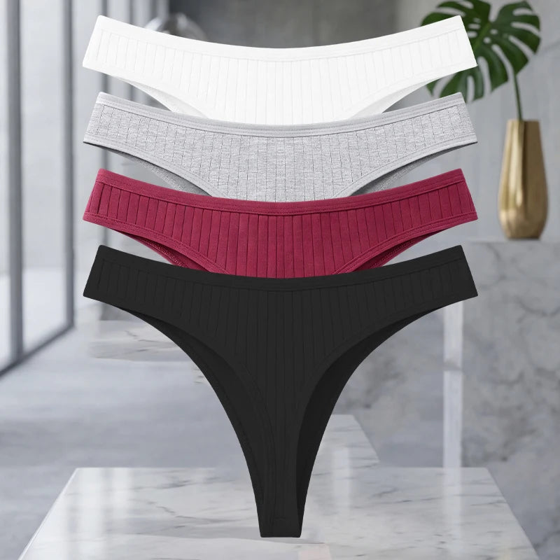 Set of four MAIRA'S COLLECTIONS cotton ribbed thong underwear for women in seamless solid colors, displayed on a flat surface.