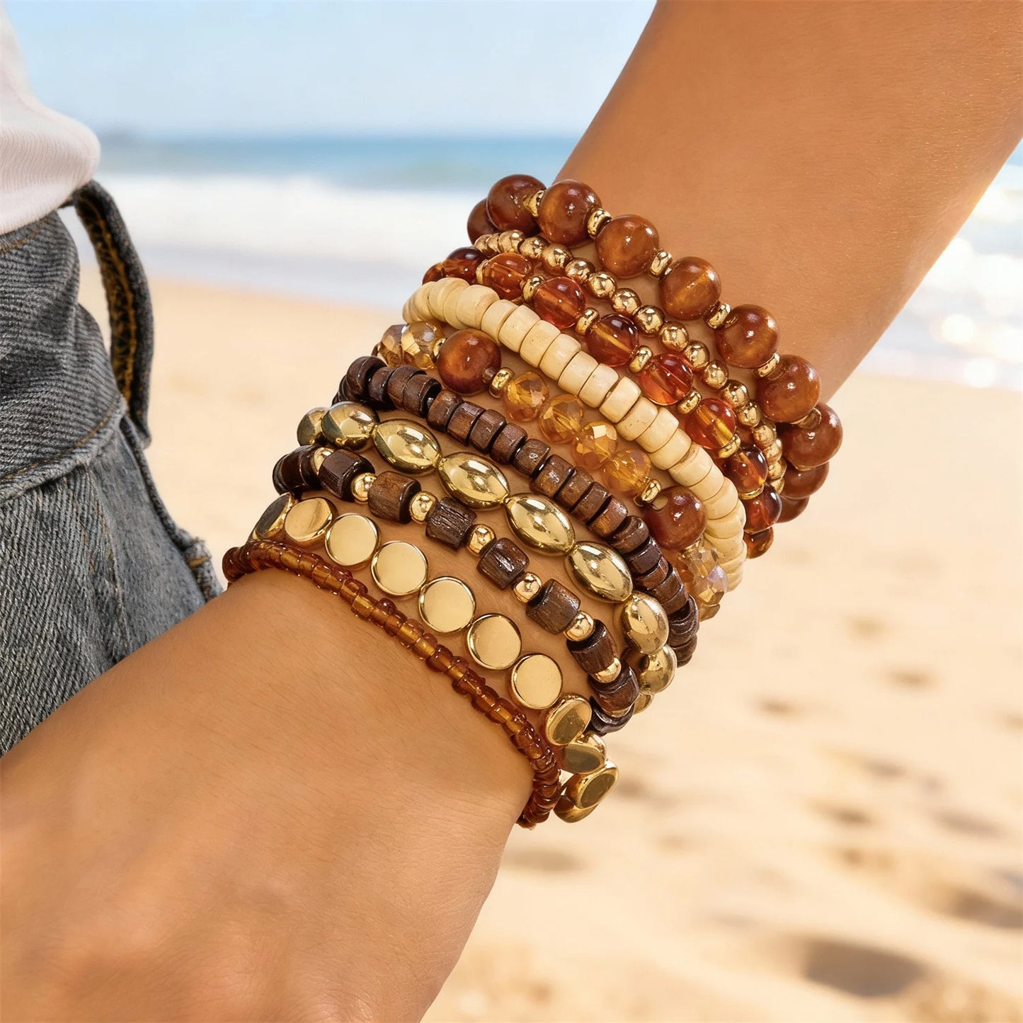 Set of 10 bohemian wood beaded bracelets from MAIRA'S COLLECTIONS, featuring natural wooden beads and adjustable designs.