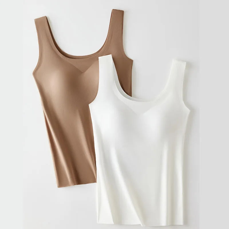 MAIRA'S COLLECTIONS ice silk seamless one-piece tank top with chest pads, black, close-up view of smooth, form-fitting fabric