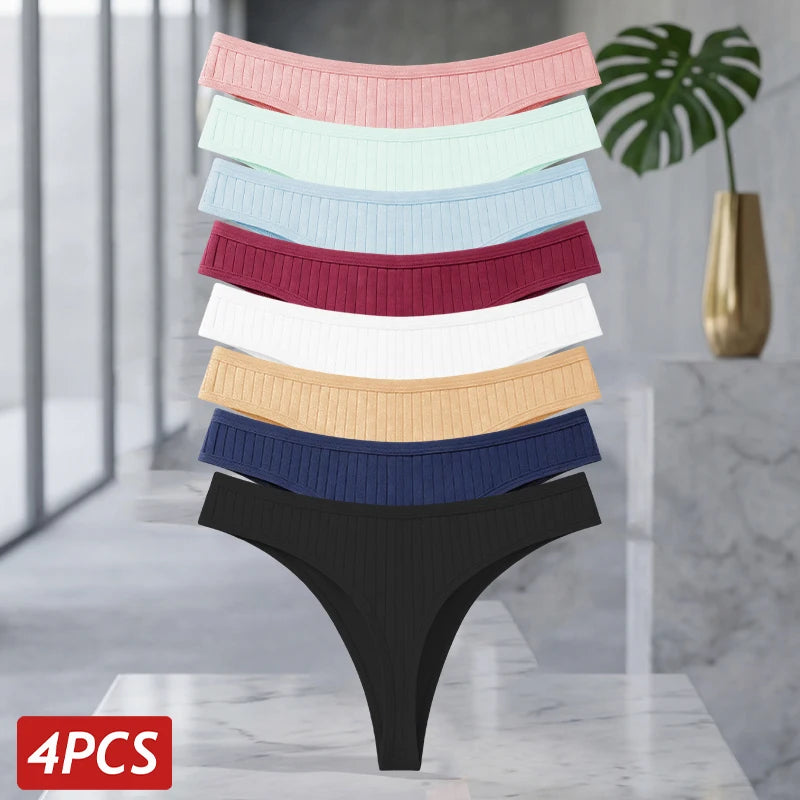 MAIRA'S COLLECTIONS FINETOO 4-piece set of seamless cotton ribbed thongs for women, solid color and comfortable fit