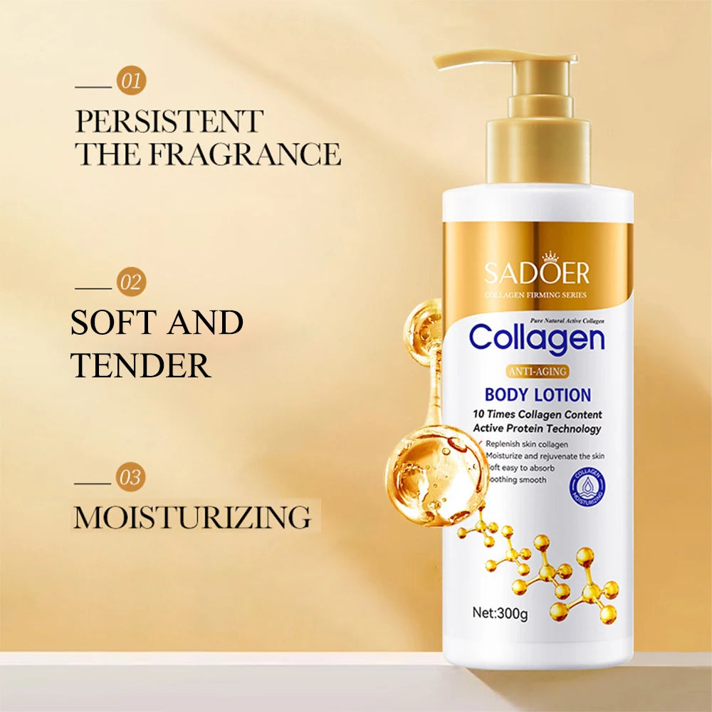 Anti-aging collagen body lotion by MAIRA'S COLLECTIONS with firming and deep hydrating properties, shown in a sleek bottle.