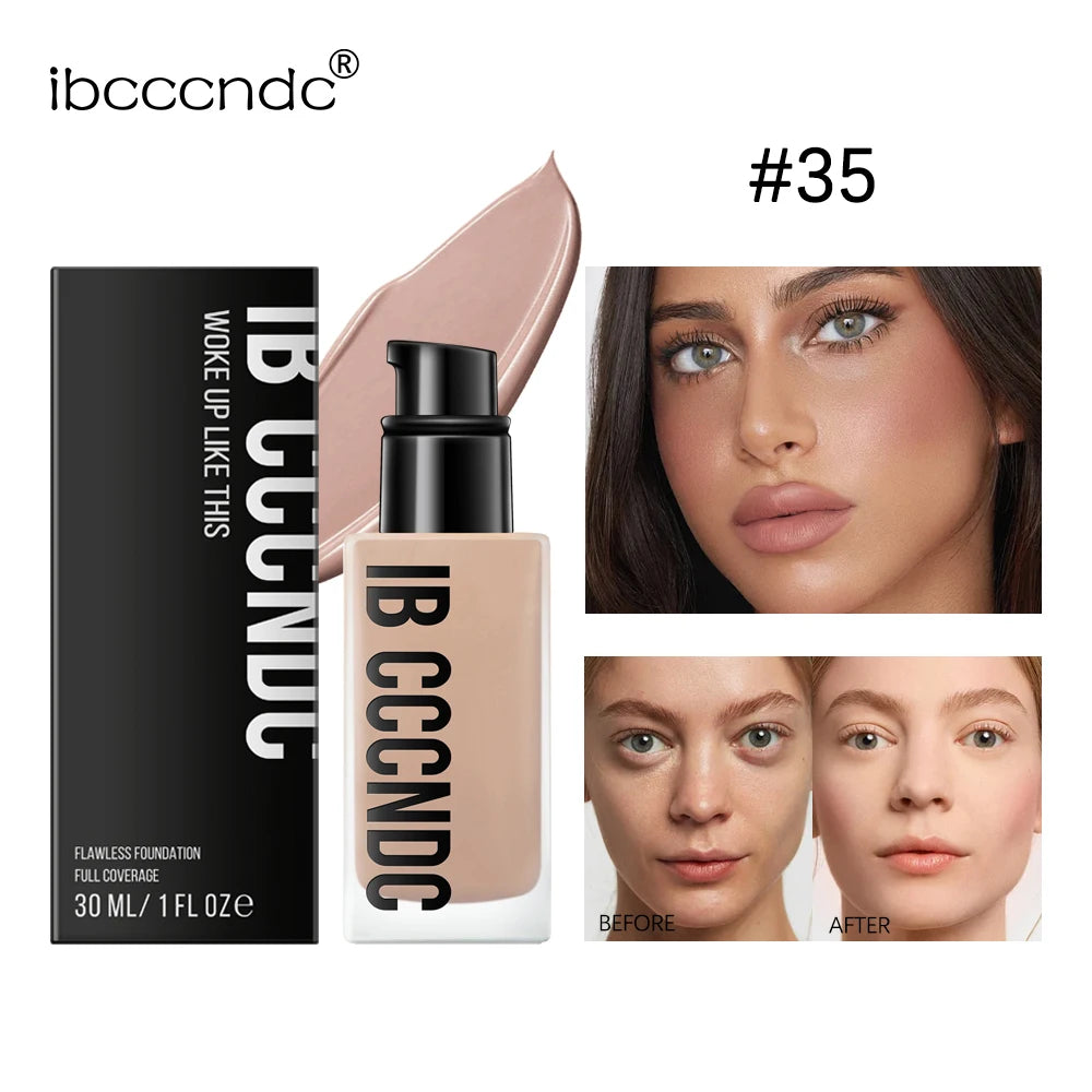 MAIRA'S COLLECTIONS matte liquid foundation with oil control and waterproof formula in 6 shades, shown in a sleek bottle.