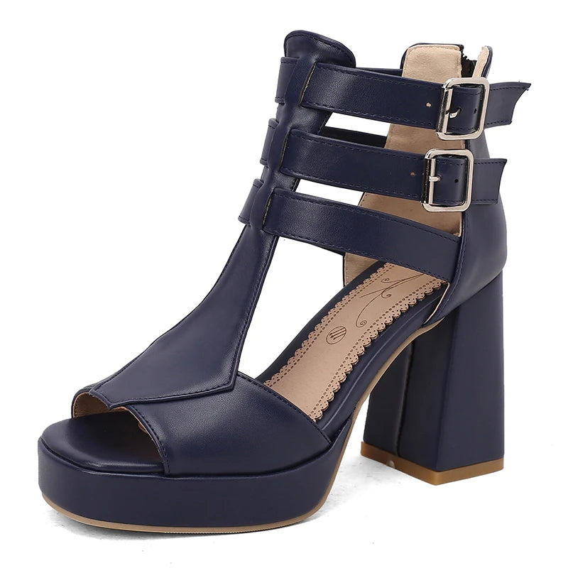 Women's platform block heel sandals by MAIRA'S COLLECTIONS featuring open toes and ankle straps in tan leather.