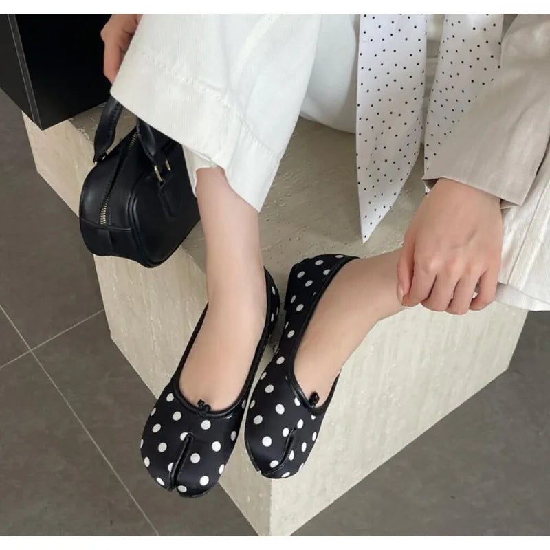 Women's polka dot Tabi flats by MAIRA'S COLLECTIONS featuring split toe ballerina shoes with a stylish polka dot pattern.