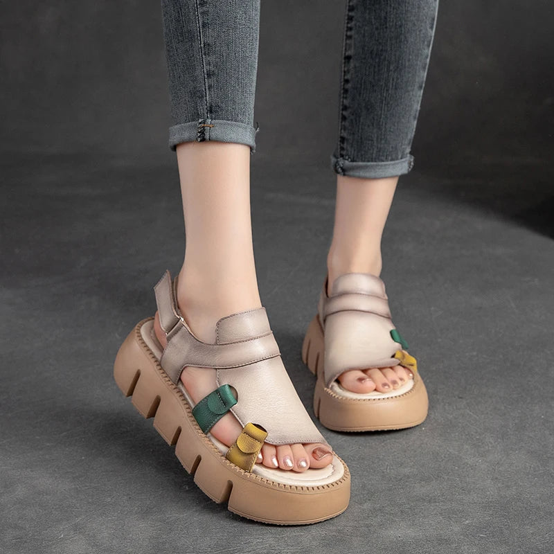Women's genuine leather wedge sandals with platform heel, casual shoes from MAIRA'S COLLECTIONS, featuring stylish design and open toe.