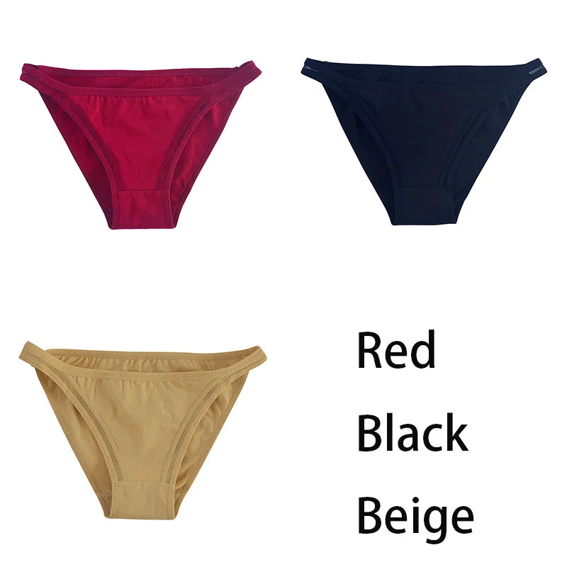 Set of three women's cotton panties by MAIRA'S COLLECTIONS, solid color bikini-style mesh underpants for women.