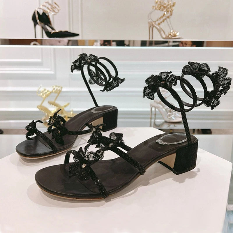 Women's rhinestone square heel sandals by MAIRA'S COLLECTIONS featuring sparkling rhinestones and stylish square heels.