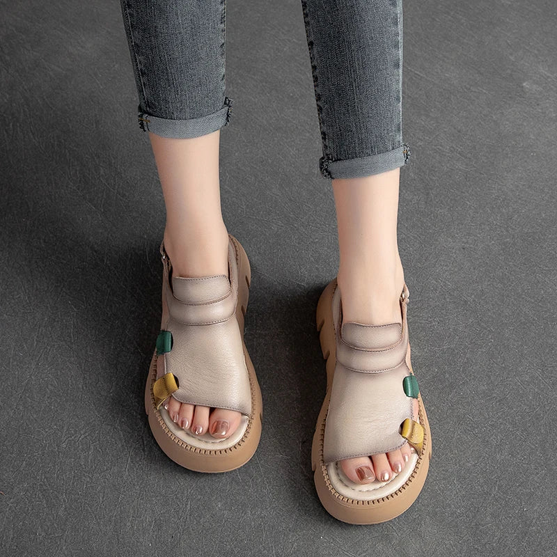 Women's genuine leather wedge sandals with platform soles from MAIRA'S COLLECTIONS, casual open-toe shoes with ankle straps.