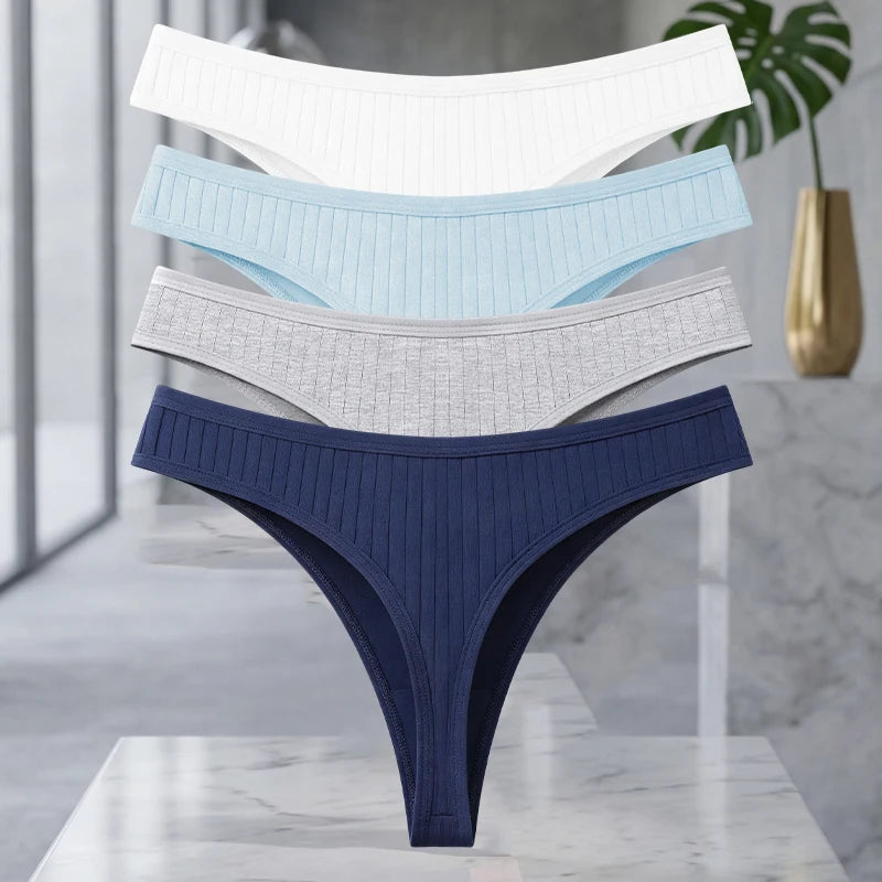 MAIRA'S COLLECTIONS FINETOO 4-pack cotton ribbed thong set for women, seamless solid color underwear with comfortable fit.