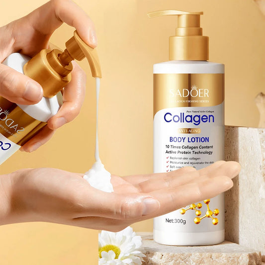 MAIRA'S COLLECTIONS anti-aging collagen body lotion bottle, displaying firming and deep hydration benefits for smooth skin.