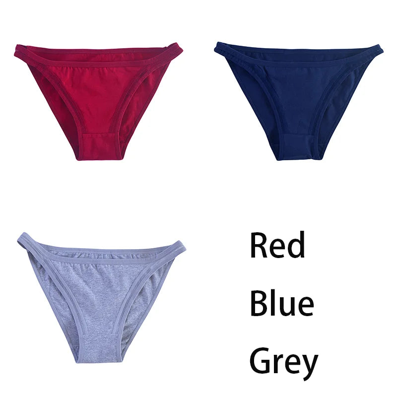 Set of three women's cotton panties with mesh panels, solid color bikinis from MAIRA'S COLLECTIONS, featuring comfortable, breathable fabric.